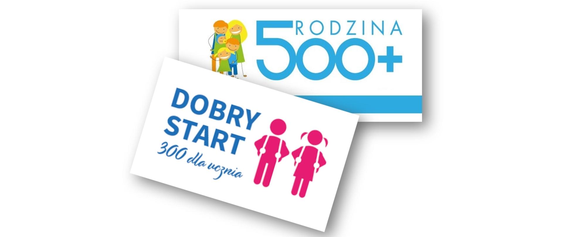 Zdjęcie przedstawia dwie karki z podpisami Dobry Start 300 dla ucznia oraz Rodzina 500+. W obydwu zamieszczone są okolicznościowe rysunki.