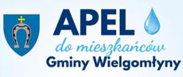 Plakat z apelem do mieszkańców Gminy Wielgomłyny o racjonalne korzystanie z wody w czasie upałów. Grafika informuje o ryzyku spadku ciśnienia i przerw w dostawie wody oraz zawiera zakazy podlewania trawników i ogródków, napełniania basenów, a także mycia samochodów i kostki brukowej.