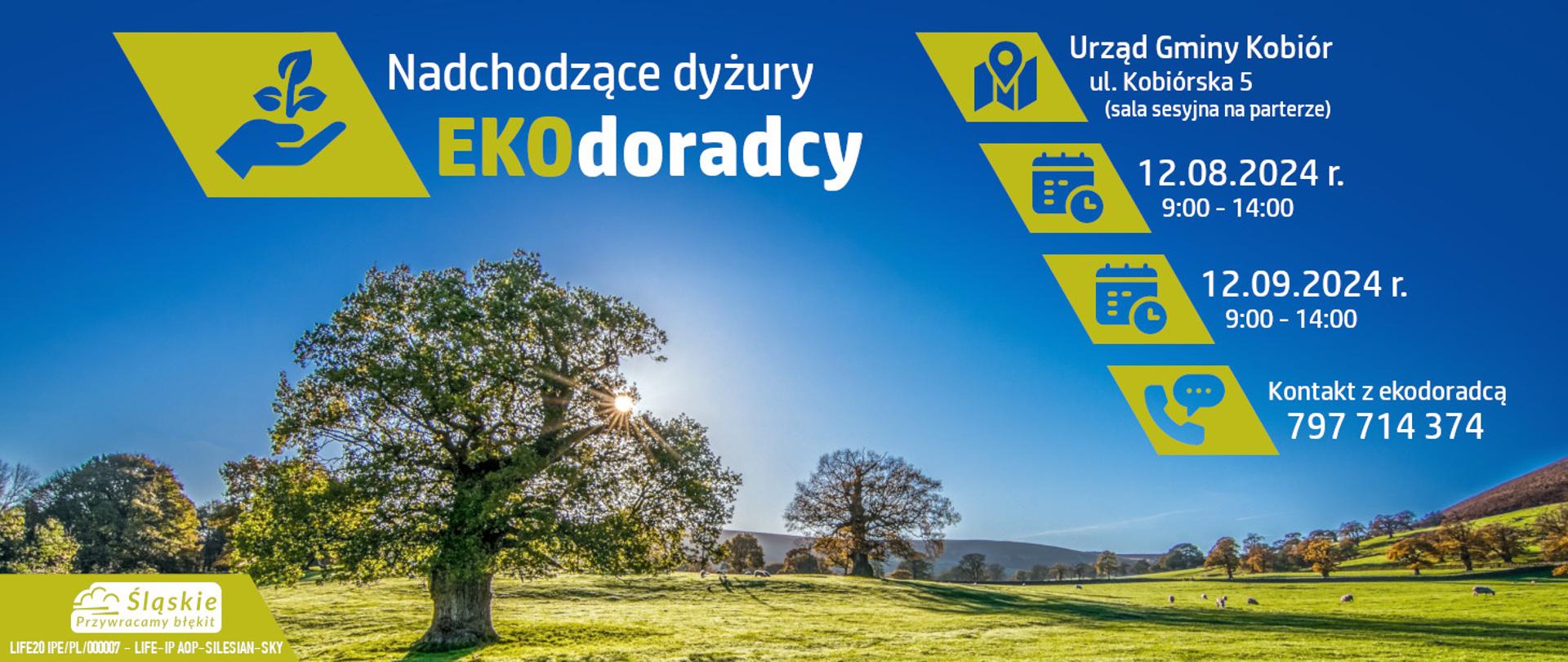 Baner informujący o dyżurach Ekodoradcy w tle słoneczne niebo i drzewa na zielonej trawie