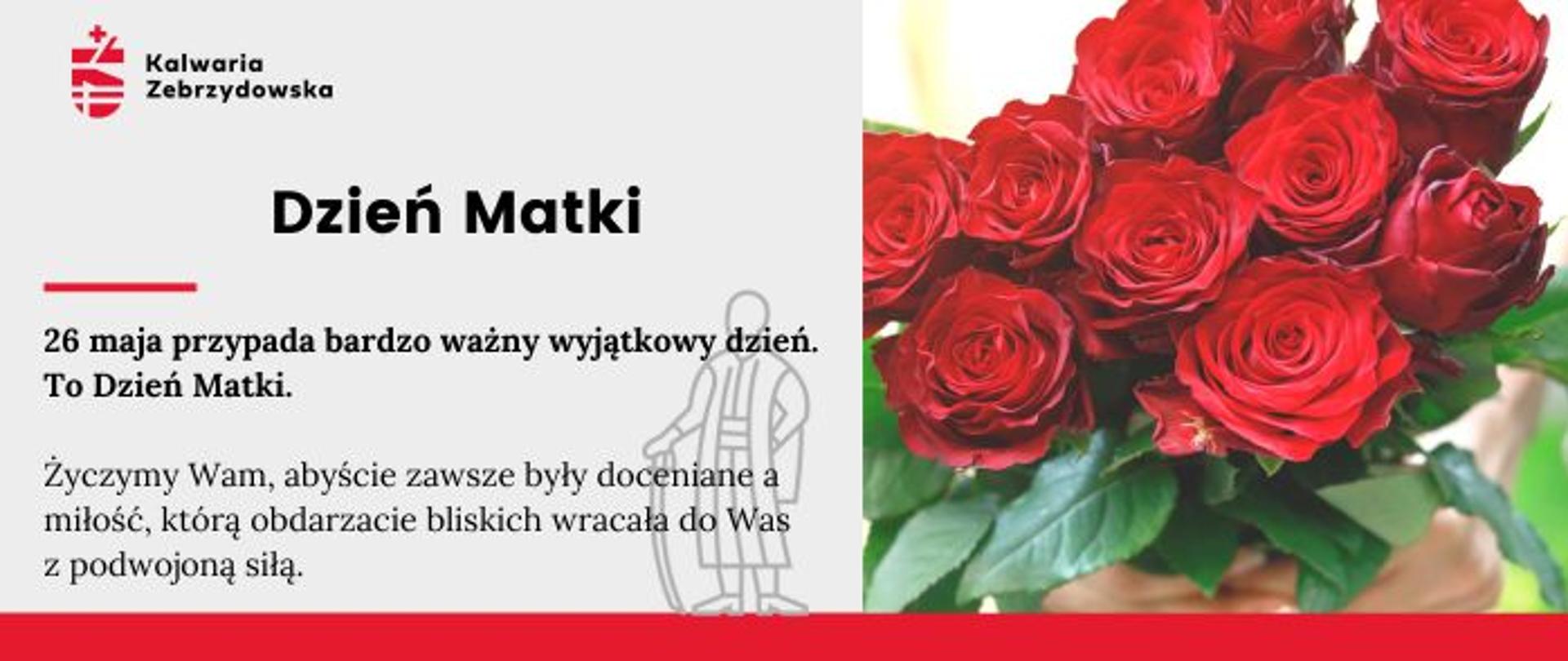 Plansza z życzeniami na Dzień Matki - po prawej bukiet czerwonych róż