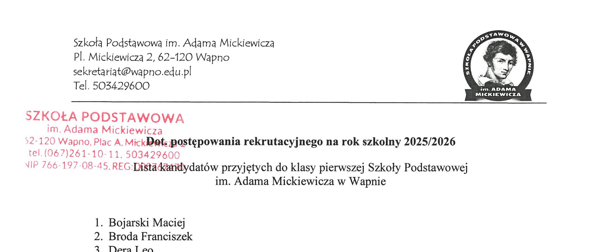 Lista kandydatów przyjętych do kl. 1.