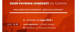 plakat z informacją o obchodach św. majowych - zaproszenie do udziału w mszy odpustowej 3 maja w kościele pw. św. Floriana o godz. 12.30. 