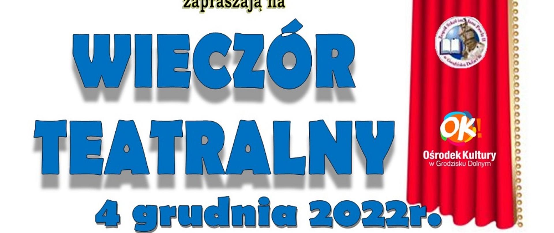 zaproszenie na wieczór teatralny białe tło czerwona kurtyna 