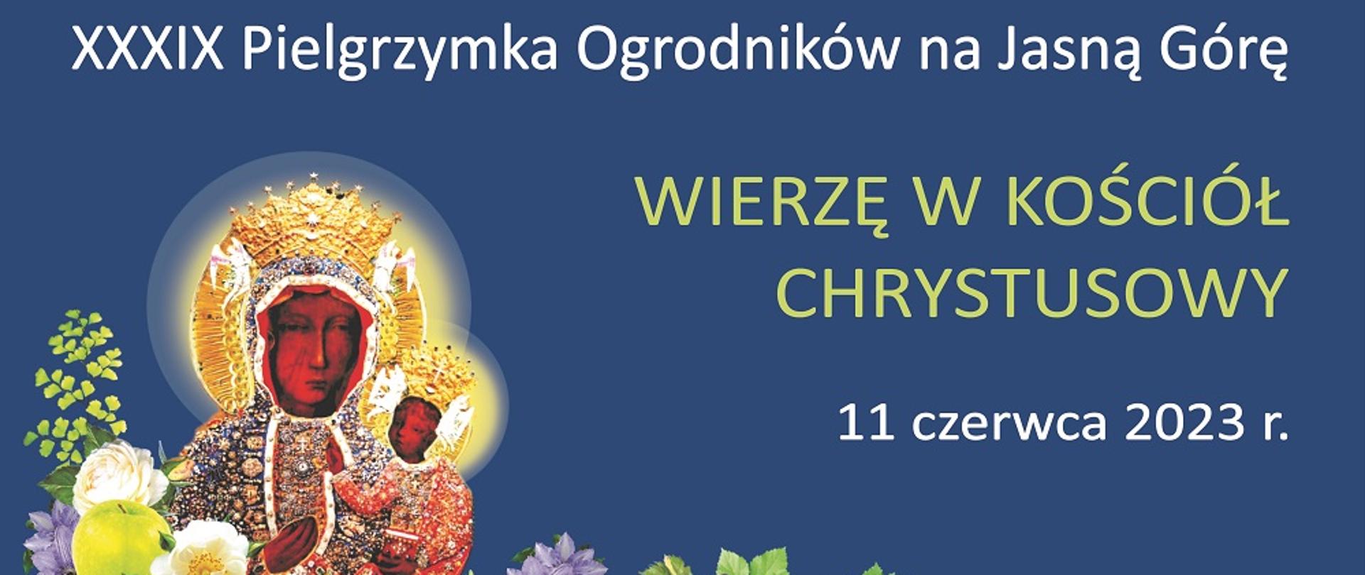 granatowe tło, z prawej strony obraz Matki Boskiej Częstochowskiej