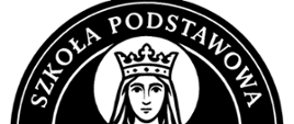 Święta Kinga w koronie czarno-biała grafika w kształcie okręgu, w lewej ręce Święta Kinga trzyma otwartą księgę, w prawej trzyma miniaturkę klasztoru, wokół napis "Szkoła Podstawowa im. Św. Kingi w Maciejowej"