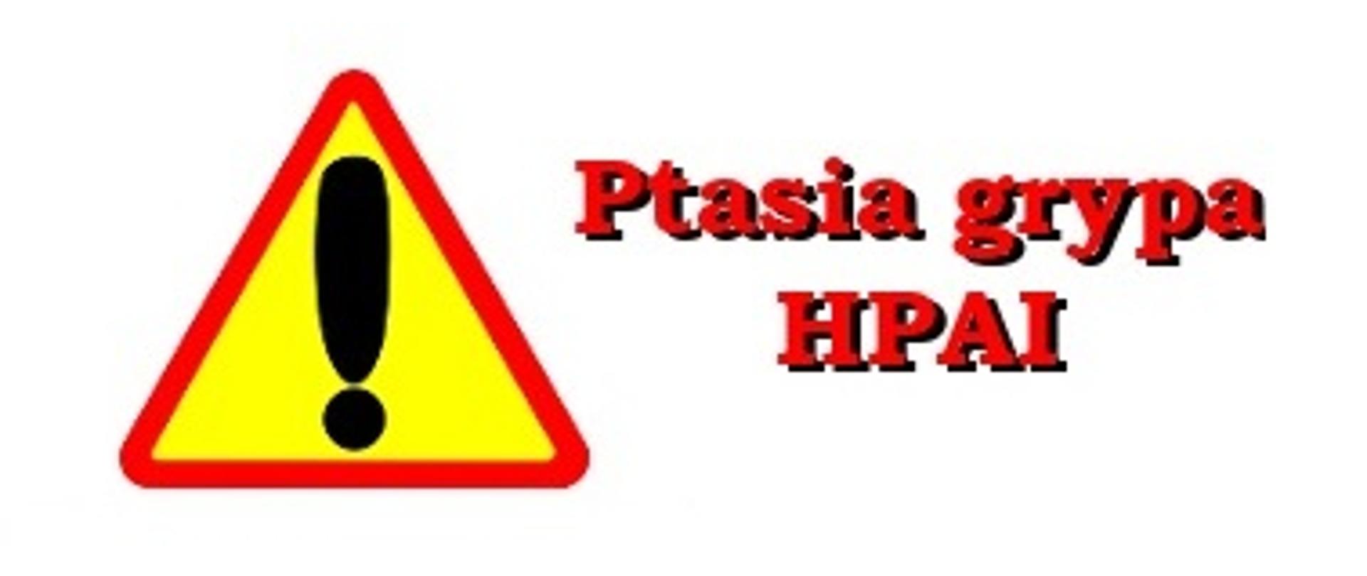 Zółty trójkątny znak z czerwoną obwódką i czarnym wykrzyknikiem. Obok czerwony tekst: Ptasis grypa HPAI