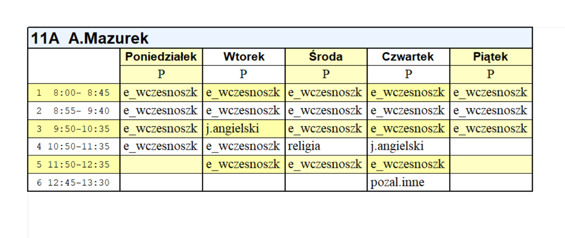 Plan lekcji kl. 1