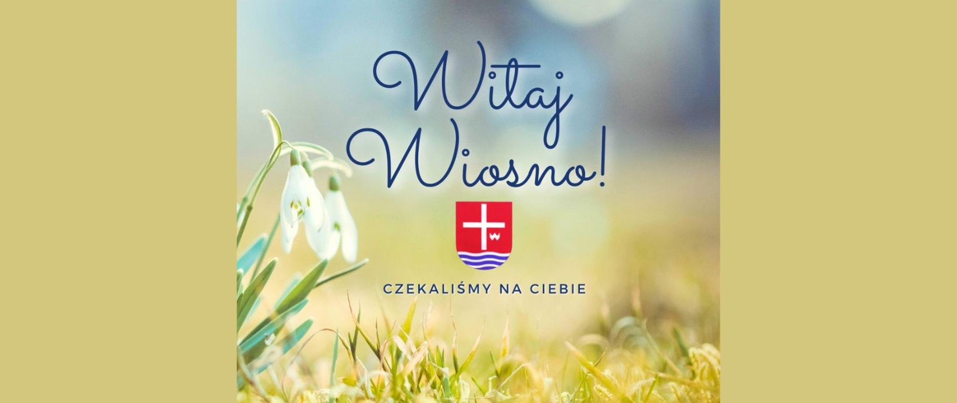 Napis "Witaj Wiosno" i "Czekaliśmy na Ciebie" oraz herb powiatu lipskiego. W tle zdjęcie z z wiosennym kwiatem.