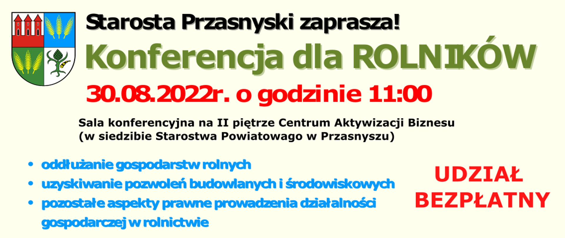 Starosta Przasnyski zaprasza rolników do wzięcia udziału w konferencji poświęconej prawnym aspektom prowadzenia gospodarstw rolnych