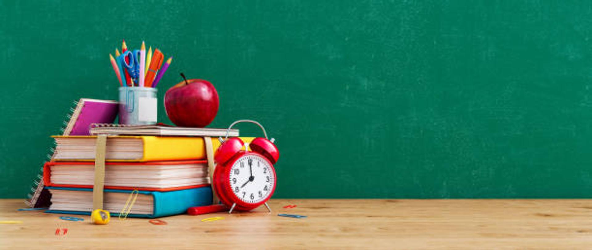 Ready for school concept background with books, alarm clock and accessory 3D Rendering, 3D Illustration