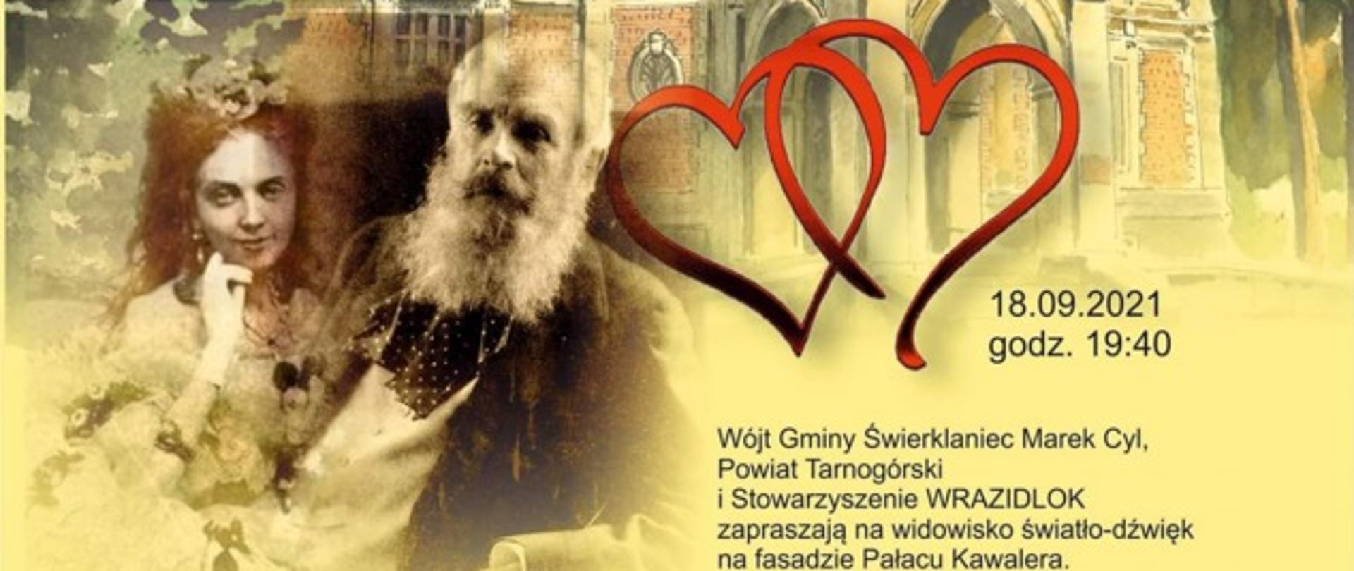 Plakat promujący pokaz światło-dźwięk na fasadzie Pałacu Kawalera w Świerklańcu