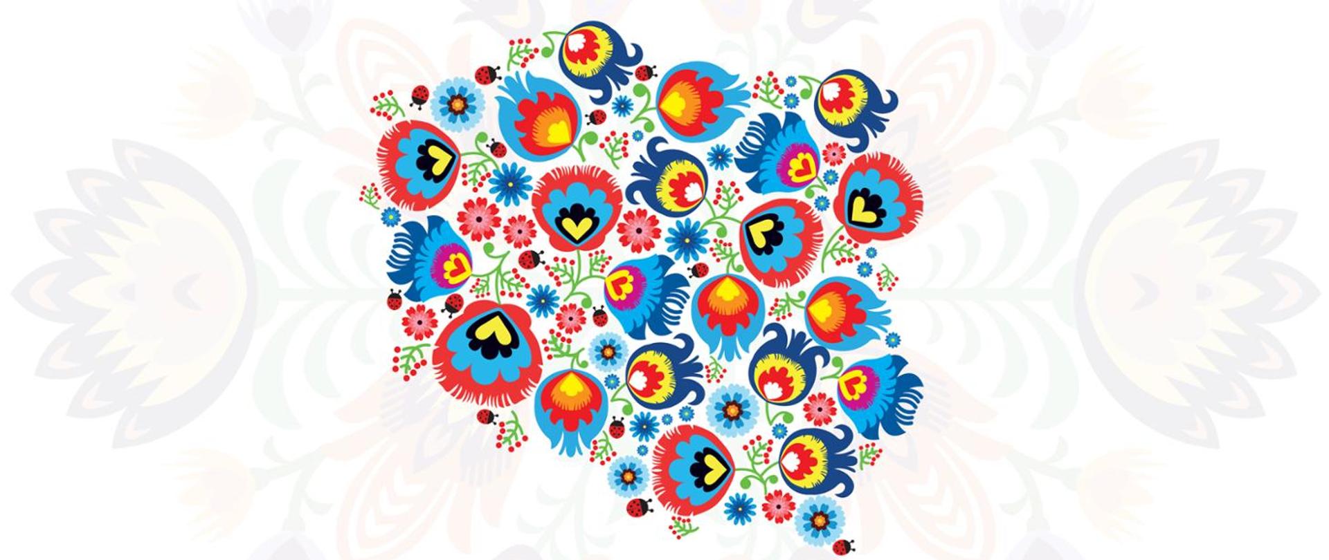 Logo wsparcia Kół Gospodyń Wiejskich -zdjęcie przedstawiający znaki folklorystyczne w konturach mapy polski.