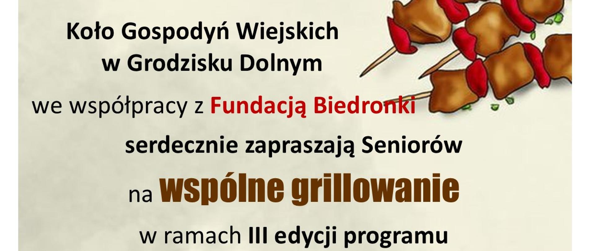 jasne tło z lewej strony griill z kiełbasami kolorowe litery zaproszenie na wspólne biesiadowanie 