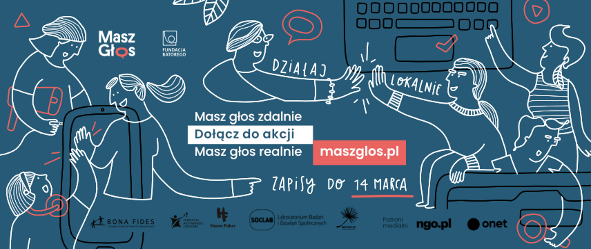 grafika przedstawia logotyp akcji Masz Głos!, z napisem: Masz głos zdalnie Dołącz do akcji Masz głos realnie maszglos.pl