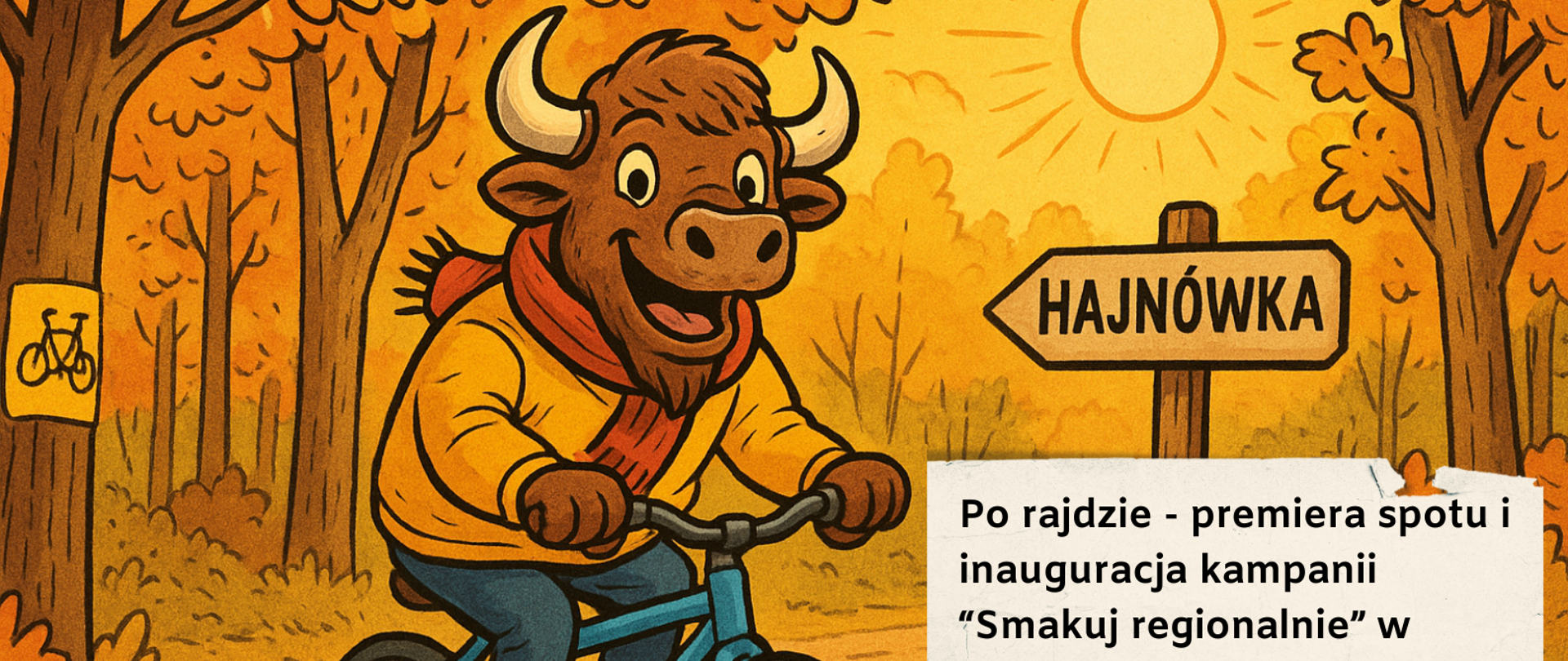 W centrum plakatu grafika żubra, jadącego na rowerze przez las. U góry logotypy organizatorów, u dołu - logotypy projektu. Na plakacie umieszczono też informacje organizacyjne, zawarte w artykule.