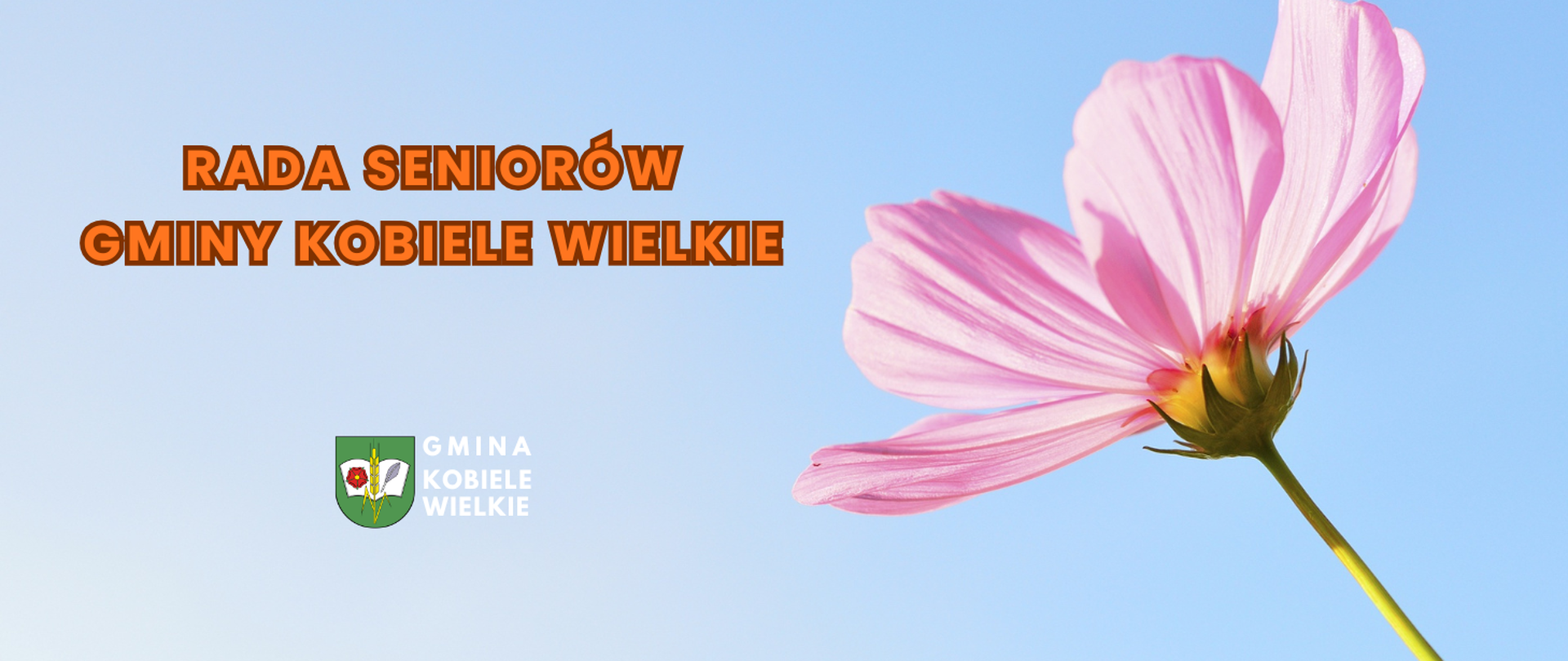 Grafika przedstawia różowy kwiat na tle jasnego, błękitnego nieba. Po lewej stronie widnieje napis ‘Rada Seniorów Gminy Kobiele Wielkie’ w pomarańczowych, pogrubionych literach oraz logo Gminy Kobiele Wielkie.