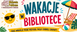 Grafika stanowi plakat przedstawiający ofertę wakacyjną jaką Biblioteka przygotowała dla dzieci.