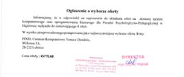 Rozstrzygnięcie zapytania ofertowego - tekst umieszczony w artykule