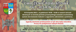 Grafika informująca o przeprowadzanych 18 listopada 2022 roku ćwiczeniach pod kryptonimem Jesień-2022. Treść grafiki w artykule.