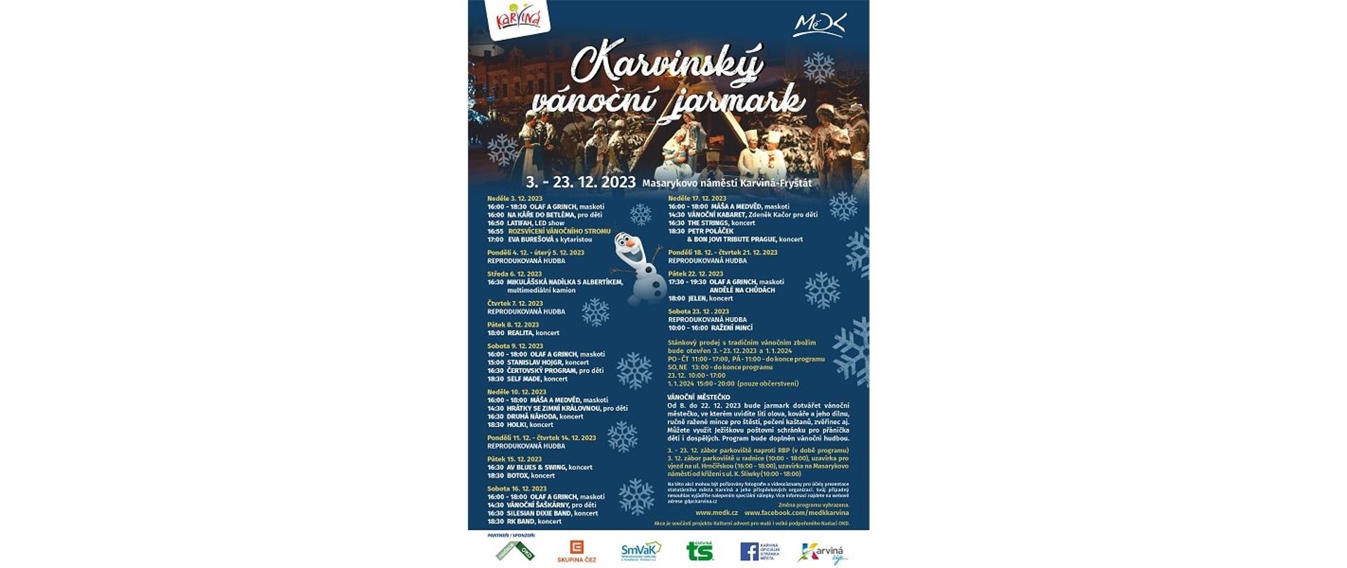 „Karwiński jarmark bożonarodzeniowy”. 3–23 grudnia 2023, Plac Masaryka, Karwina-Frysztat