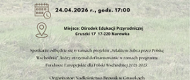 Na tle zdjęcia żubrów umieszczono informacje o wydarzeniu, zawarte w artykule. U dołu logotypy projektu, wskazujące na finansowanie z Unii Europejskiej