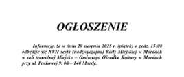 Ogłoszenie o XVII sesji (nadzwyczajnej) Rady Miejskiej w Mordach 