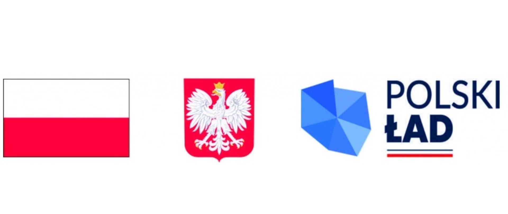 Rządowy Program Odbudowy Zabytków. Znaki graficzne (od lewej): Flaga RP, Godło RP, Polski Ład 