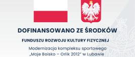 Tablica informująca o dofinansowaniu ze środków Funduszu Rozwoju Kultury Fizycznej Modernizacji kompleksu sportowego "Moje Boisko - Orlik 2012" w Lubawie 