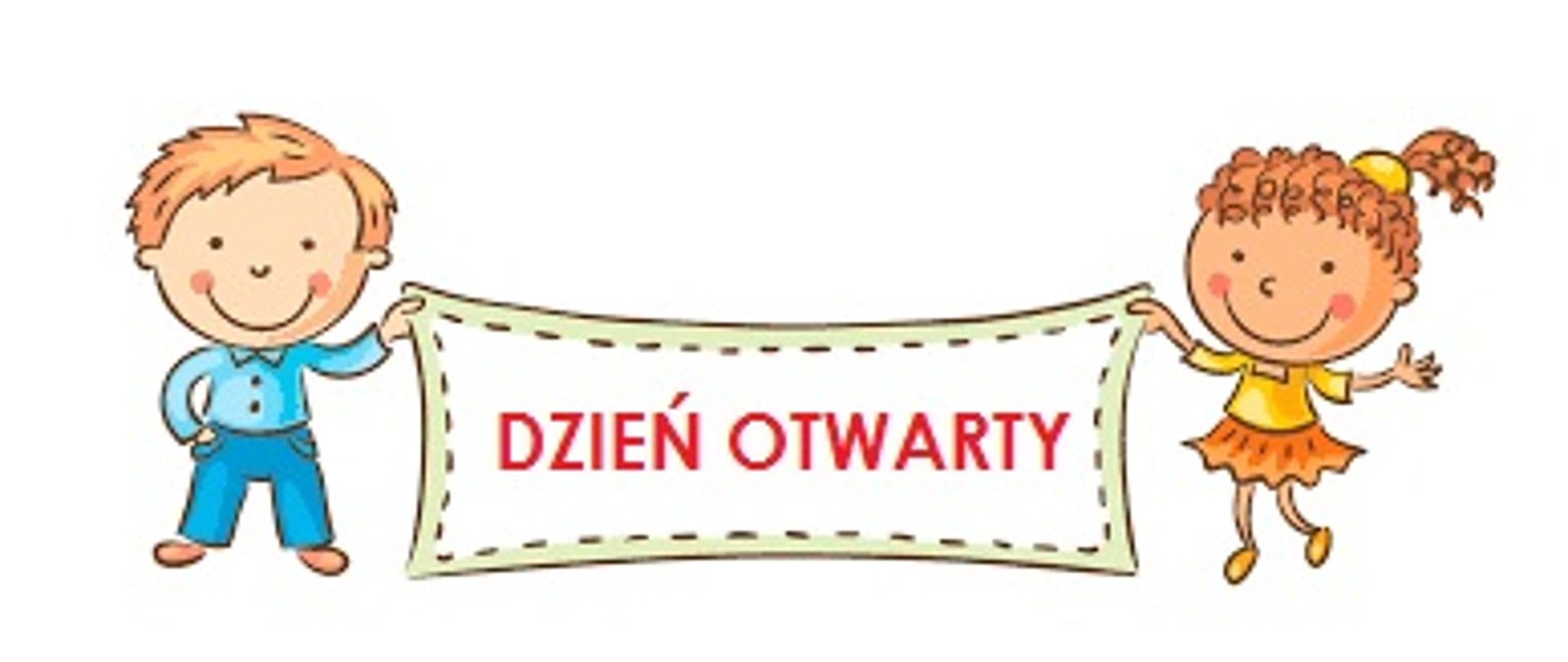 Chłopiec i dziewczynka trzymają baner z napisem Dzień otwarty