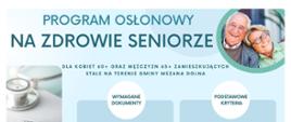 Plakat informacyjny Gminy Mszana Dolna o programie osłonowym „Na zdrowie seniorze” dla kobiet 60+ i mężczyzn 65+. Zawiera informacje o kryteriach dochodowych, wymaganych dokumentach, terminie składania wniosków od 2 do 20 maja 2026 r. w Urzędzie Gminy oraz maksymalnej wysokości świadczenia od 900 do 1800 zł. Na grafice widoczna jest również fotografia starszej pary.