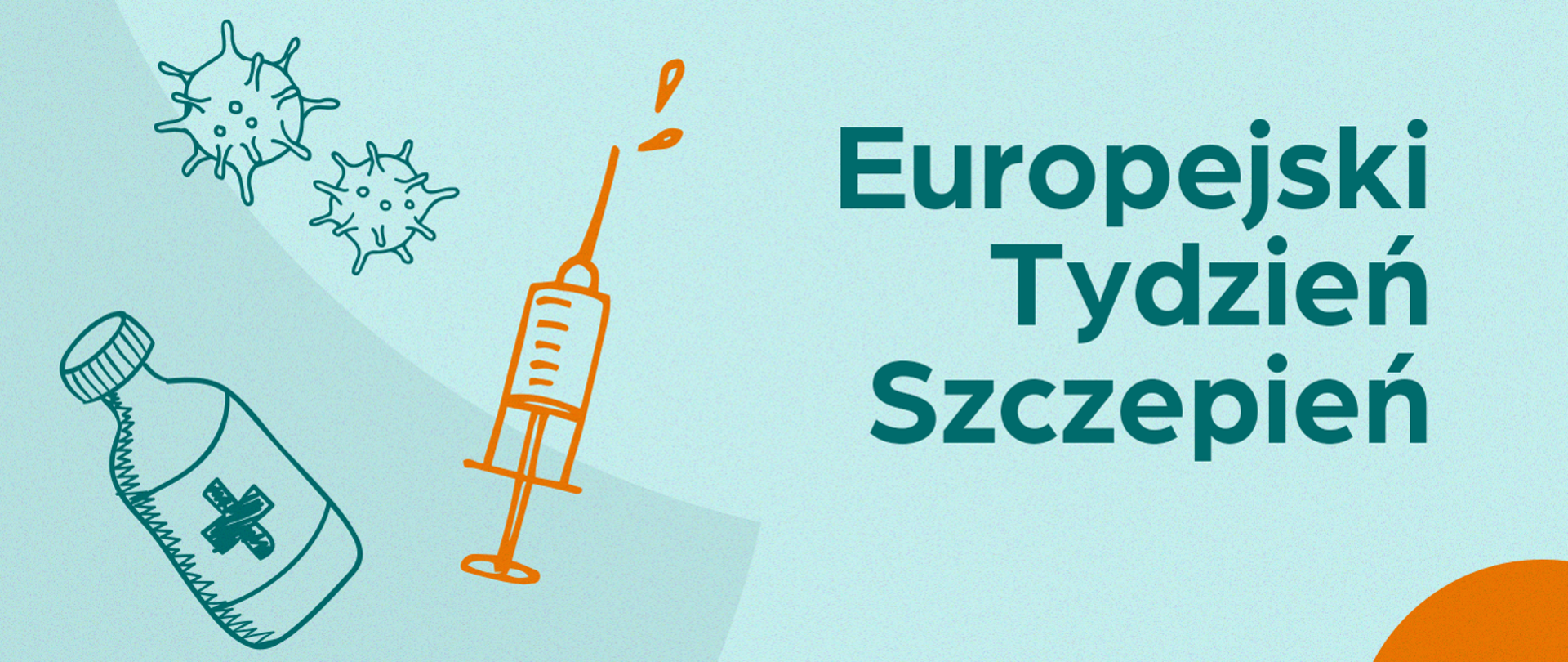 Na niebieskim tle szkic strzykawki, buteleczki z lekiem i wirusów. Napis: Europejski Tydzień Szczepień.