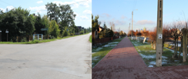 Droga powiatowa w miejscowości Czyże - przed i po przebudowie. Po lewej - droga przed przebudową - skrzyżowanie, popękany asfalt, brak ścieżki rowerowej, nierówne pobocza po prawej - droga pop przebudowie: ścieżką rowerowa 
