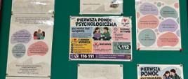 Zielona tablica ogłoszeń z plakatami z okazji Światowego Dnia Zdrowia Psychicznego (10 października): informacje o zaburzeniach psychicznych, wskazówki dbania o zdrowie psychiczne oraz infografiki o pierwszej pomocy psychologicznej z numerami 112 i 116 111.