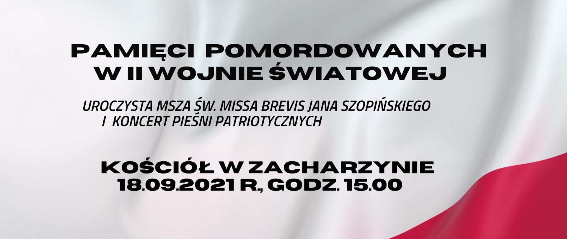 Plakat z informacją o uroczystej Mszy Św. i koncercie - pamięci pomordowanych w II wojnie światowej