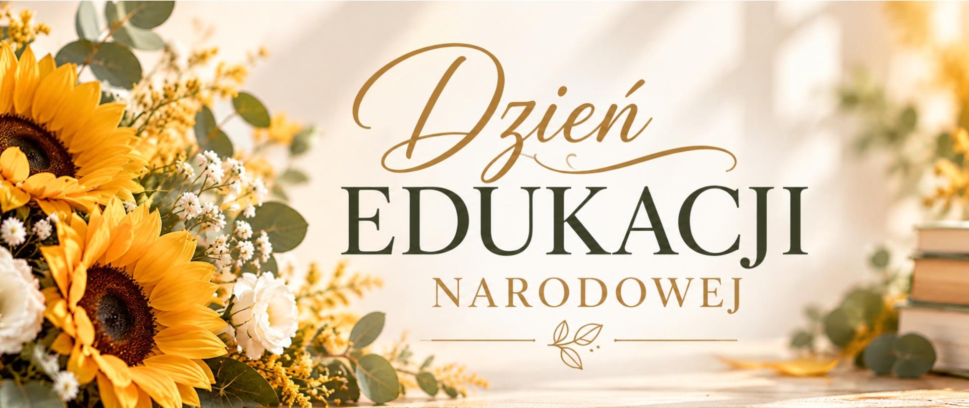 Grafika z bukietem kwiatów ze słoneczników i napis dzień edukacji narodowej.
