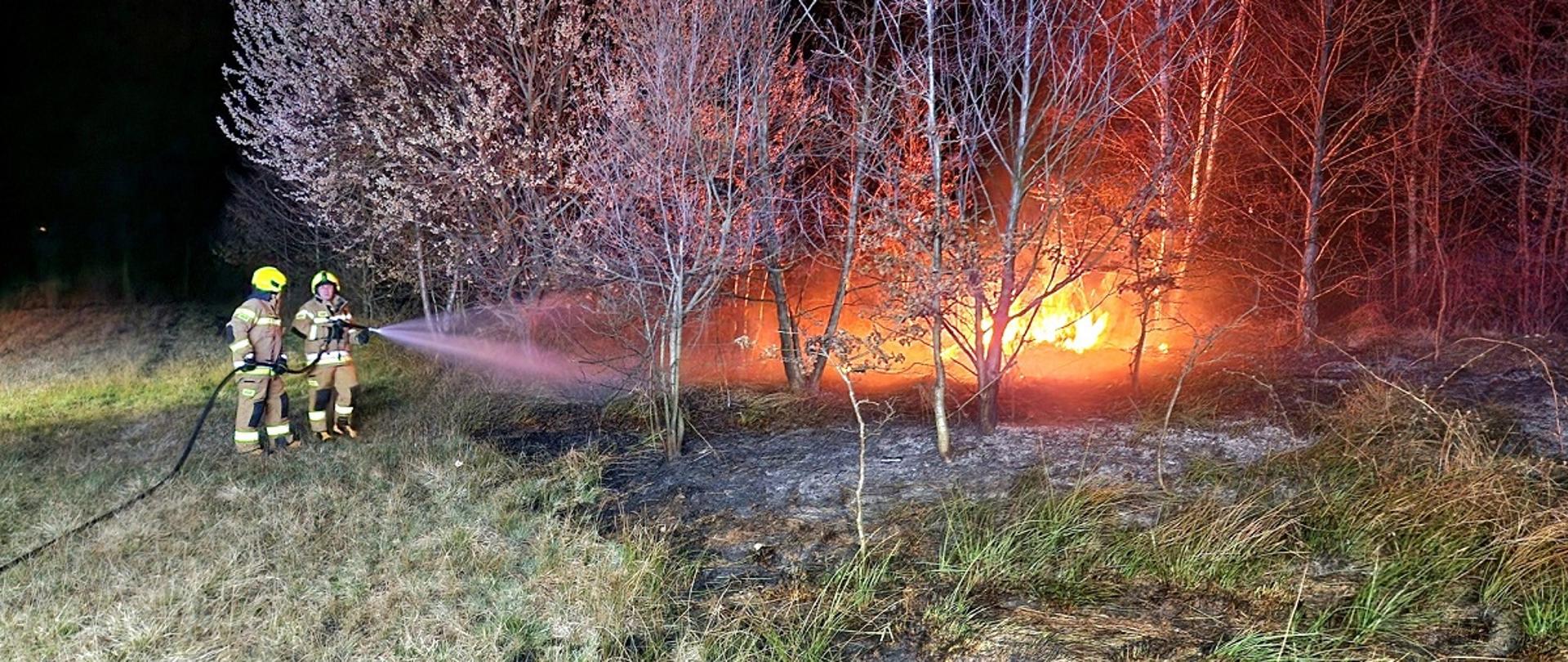 dwóch strażaków gaszą pożar traw nocą 