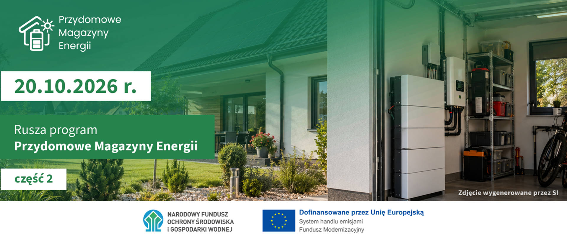 Grafika promująca program „Przydomowe Magazyny Energii”, część 2, z datą 20.10.2026 r. Po lewej stronie widoczny jest dom z panelami fotowoltaicznymi na dachu, otoczony ogrodem, a po prawej – wnętrze garażu z zamontowanym systemem magazynowania energii. W dolnej części grafiki znajdują się logotypy Narodowego Funduszu Ochrony Środowiska i Gospodarki Wodnej oraz Unii Europejskiej z informacją o dofinansowaniu z Funduszu Modernizacyjnego. Na zdjęciu umieszczono adnotację, że zostało wygenerowane przez sztuczną inteligencję.