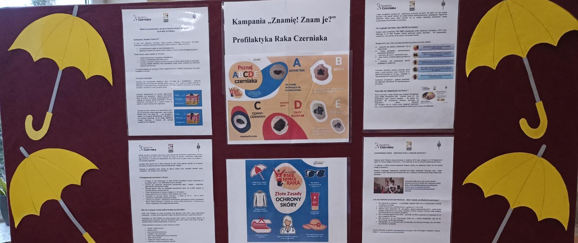 Gazetka informacyjna nt. raka czerniaka, ozdobiona żółtymi parasolkami i balonikami