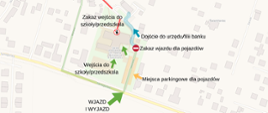 Organizacja ruchy na ul. Młyńskiej w Świerklańcu - mapa z zaznaczonymi drogami dojazdu i dojścia do placówek