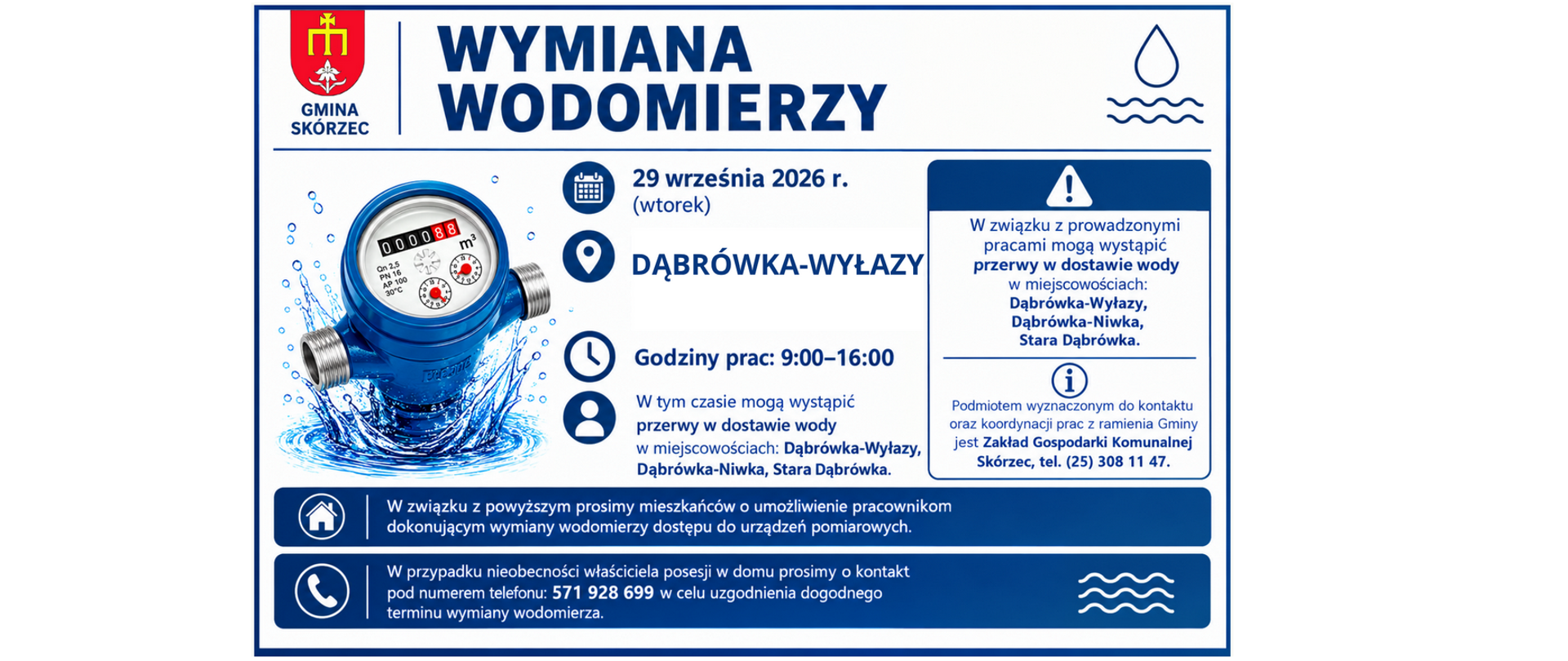 Wymiana wodomierzy - Dąbrówka-Wyłazy 29 września 2026 r.