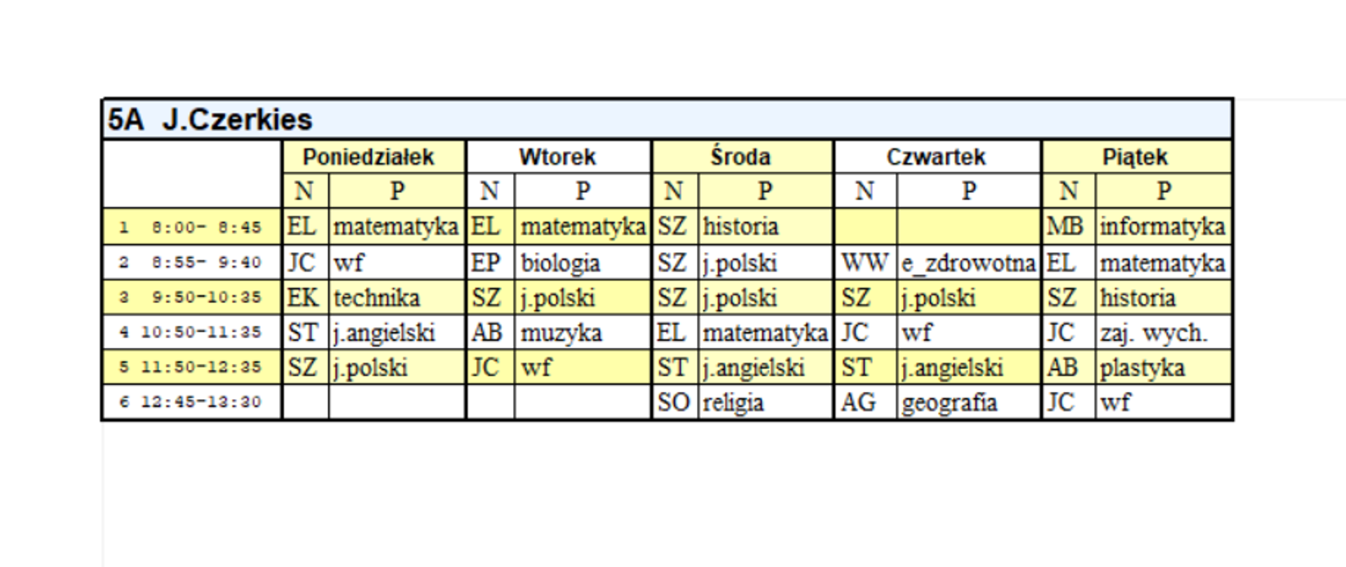 Plan lekcji kl. 5