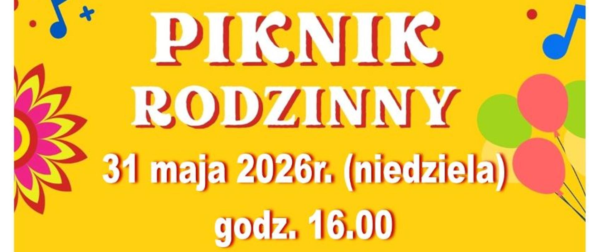 Zdjęcie przedstawia zaproszenie na piknik rodzinny, żółte tło u góry logo Ośrodka Kultury na dole girlanda