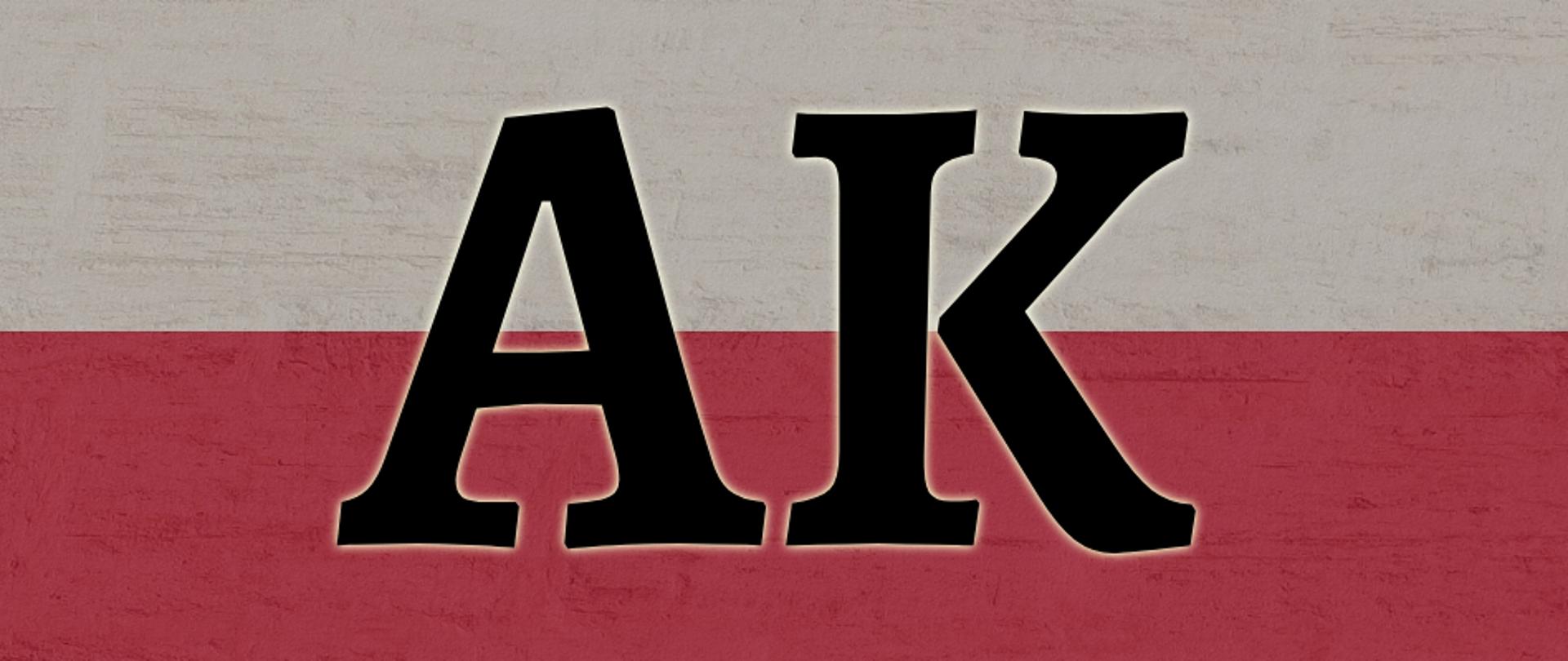 Na grafice biało czerwona flaga, a na niej na środku dwie wielkie litery AK - oznaczające Armię Krajową.