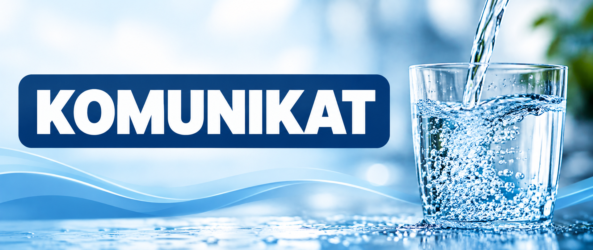 Grafika informacyjna w niebiesko-białej kolorystyce. Po lewej stronie znajduje się duży napis „KOMUNIKAT”, po prawej szklanka napełniana wodą. Tło utrzymane jest w jasnej, wodnej stylistyce z delikatnymi falami.