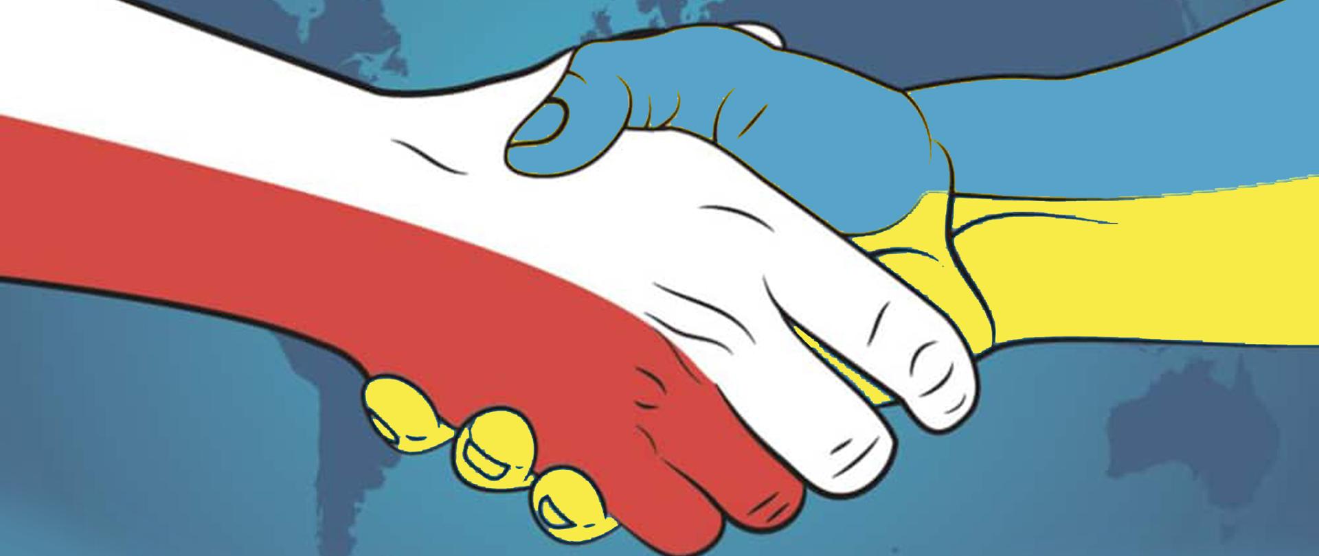 Ilustracja przedstawia sylwetki uściśniętych dłoni w kolorach barw Polski (biało-czerwonych) i Ukrainy (niebiesko-żółtych) oraz treść: 