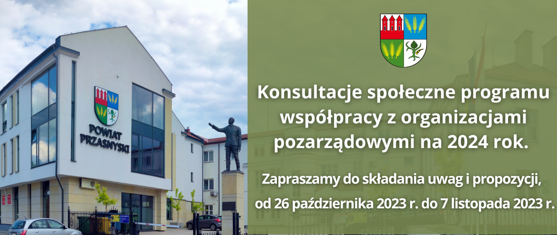 Grafika informuje o rozpoczęciu konsultacji w sprawie współpracy Powiatu Przasnyskiego z organizacjami pozarządowymi na 2024 rok. Treść w artykule.