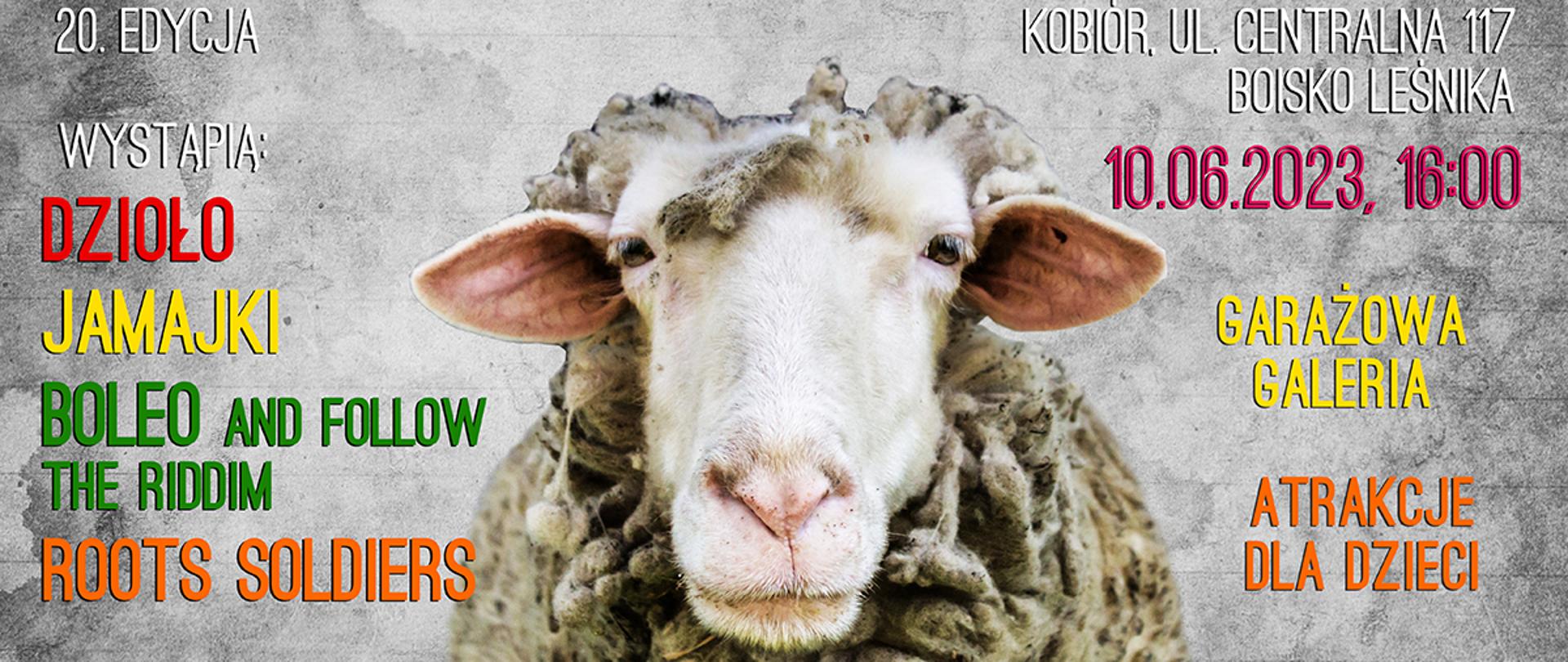 Kolorowy napis reggae w stodole. Pod nim baran oraz z lewej strony występujące na festiwalu nazwy zespołów a z prawej miejsce i czas festiwalu oraz informacje o innych atrakcjach.