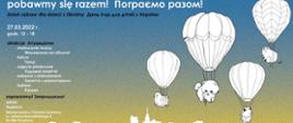 na plakacie żółto-niebieskie tło z prawej strony pieski, kotek i żaba unoszone przez balony, a po lewej stronie informacje: Пограємо разом! День ігор для дітей з України.
Pobawmy się razem !
Wraz z Międzyszkolnym Ośrodkiem Sportowym w Pruszkowie zapraszamy wszystkie dzieci z Ukrainy na dzień wypełniony zabawą, tańcami, zajęciami plastycznymi i innymi atrakcjami.
Wydarzenie odbędzie się 27 marca w godz. 12-18 w Międzyszkolnym Ośrodku Sportowym przy ul. Gomulińskiego 4 w Pruszkowie.
Запрошуємо!