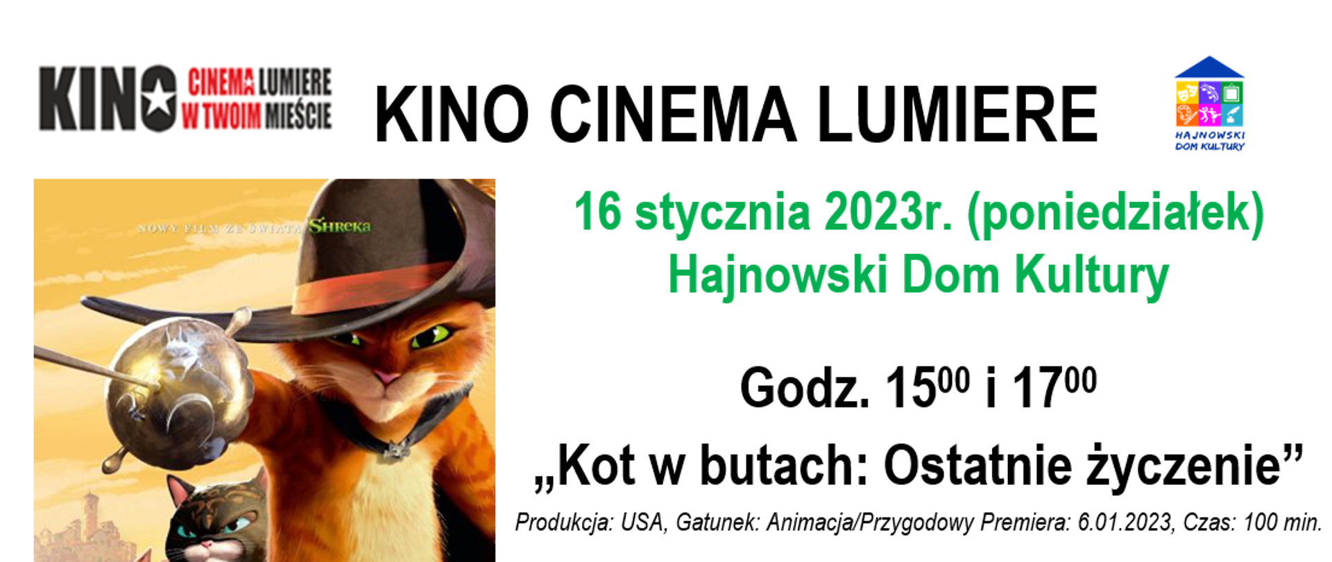 Plakat promujący wydarzenie - zawiera informacje o tytułach, miejscu o godzinie seansów
