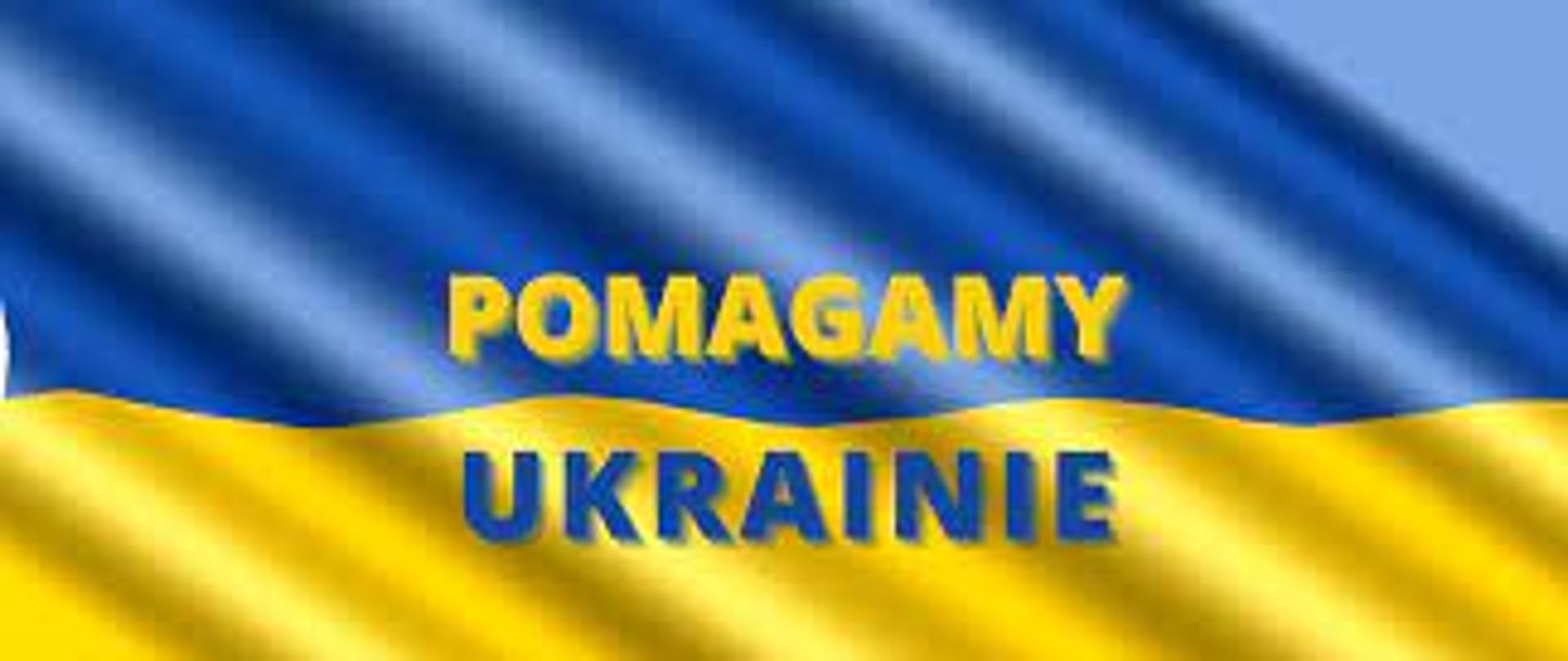 Grafika przedstawia flagę państwa Ukraina. Flaga jest dwukolorowa, górna część niebieska a dolna żółta. Na fladze znajduje się napis pomagamy Ukrainie
